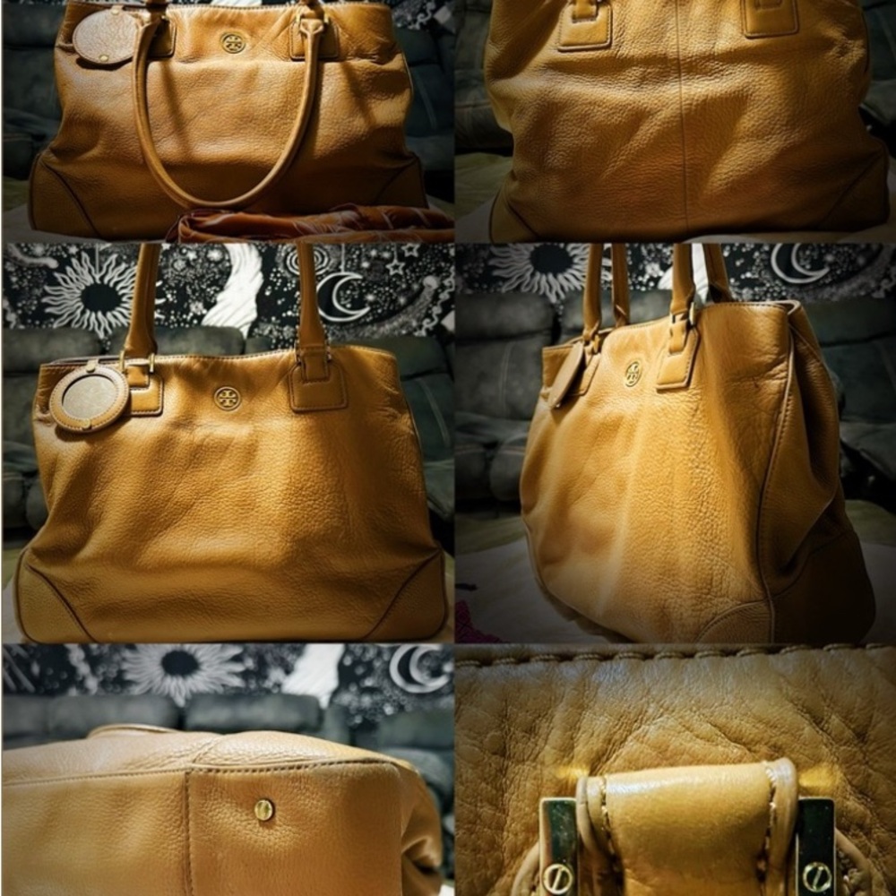 Tory Burch Tan Leather Tote with orange gold cherry keychain Charm - Picture 15 of 15